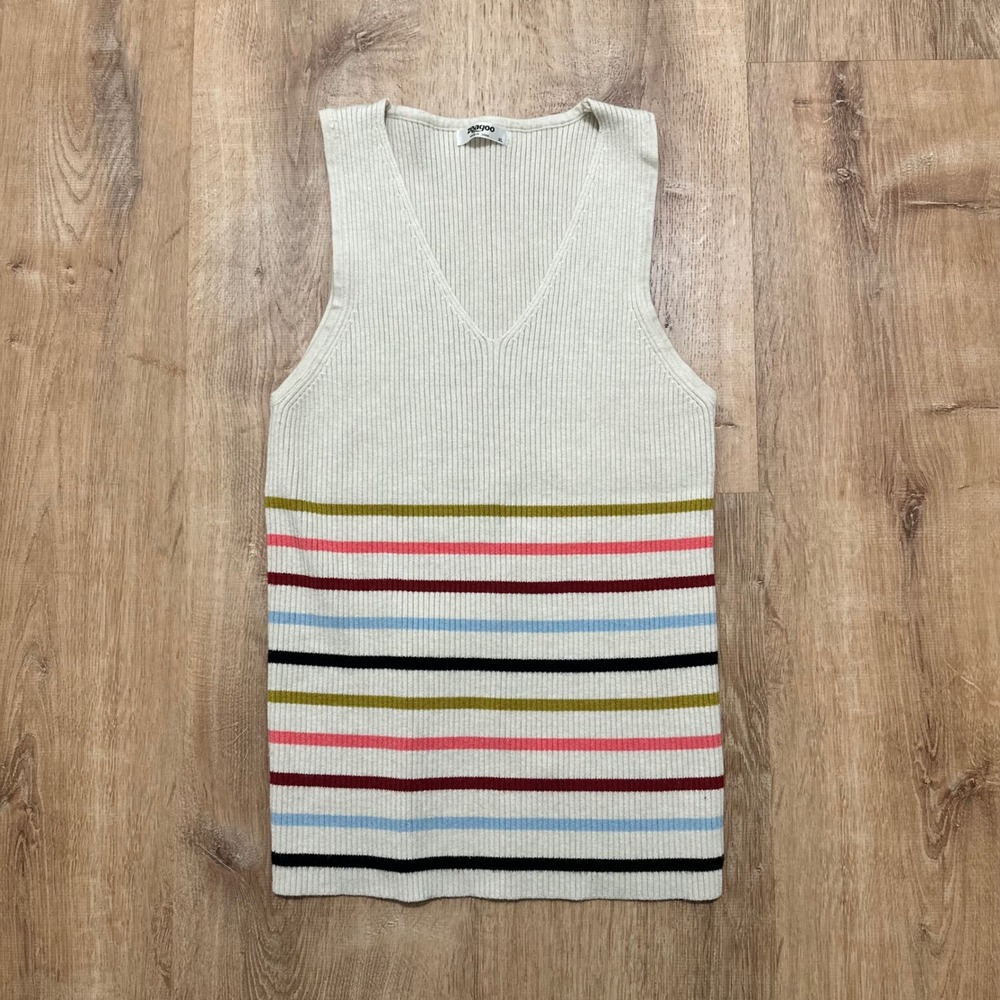 Zeagoo | Cream Multicolor Striped Ribbed Sleeveless V Neck Tank Top Shirt,‎ XL